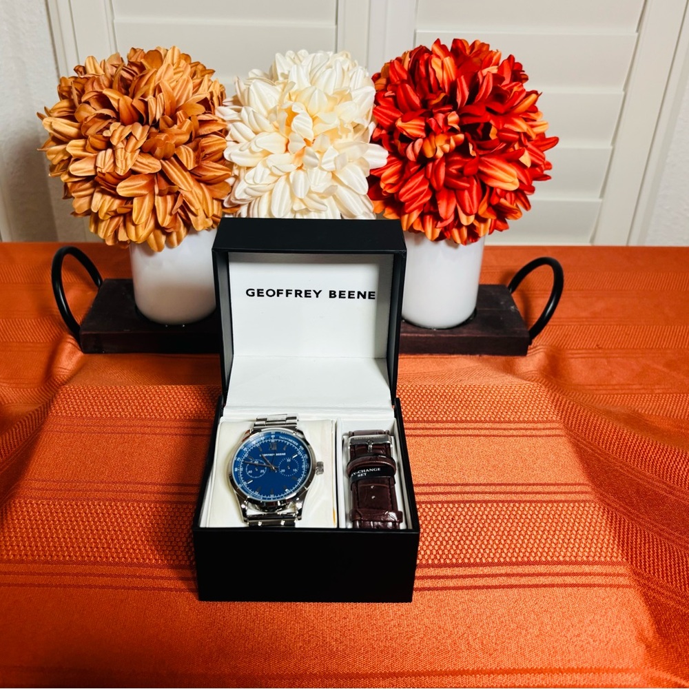 Geoffrey Beene Blue Dial Silver Watch with Extra Strap